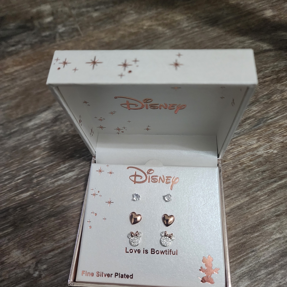 Disney Rose Gold & Silver Plated Earring Set - Hearts & Mickey New Without Tags